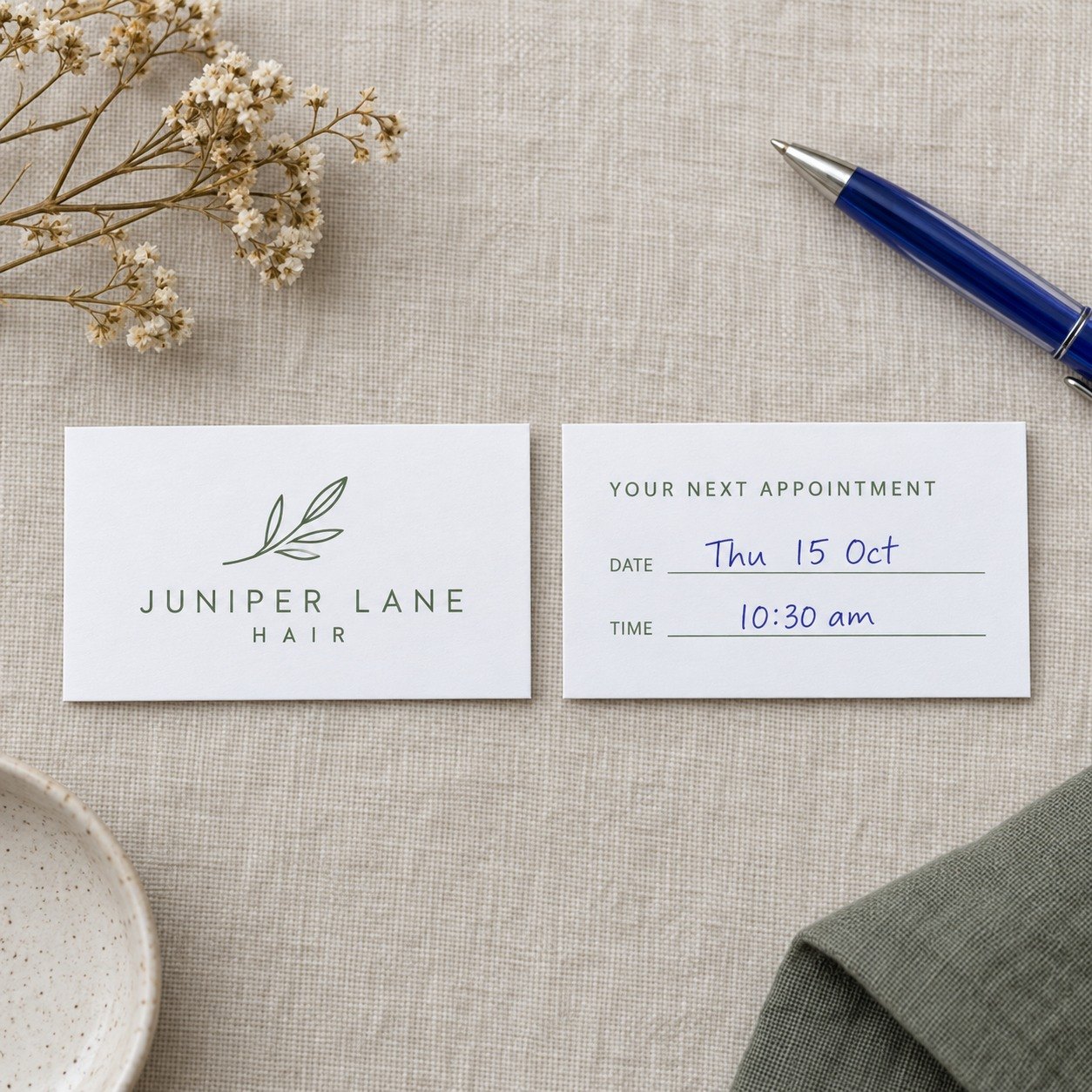 Two appointment card designs on natural linen, front with sage green leaf logo, back with date and time lines in blue pen