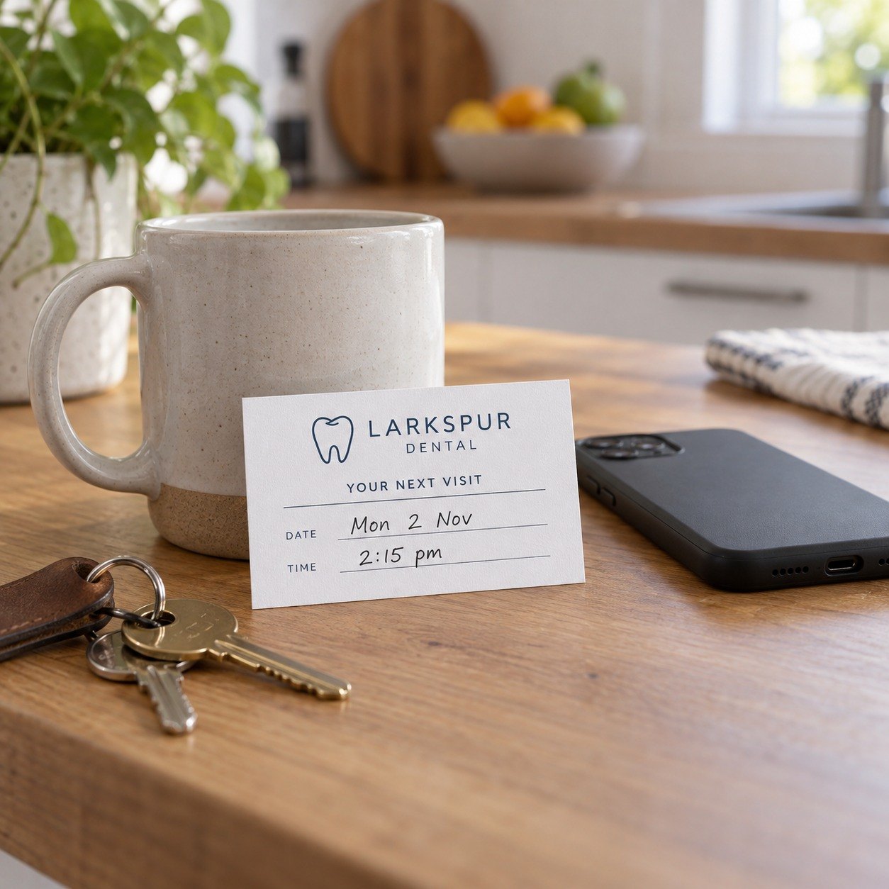 Dental clinic appointment card propped against a speckled mug on a kitchen bench at home with black pen date and time