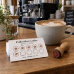 White stamp card stack on a timber cafe counter with terracotta coffee cup stamps, a latte and a wooden rubber stamp