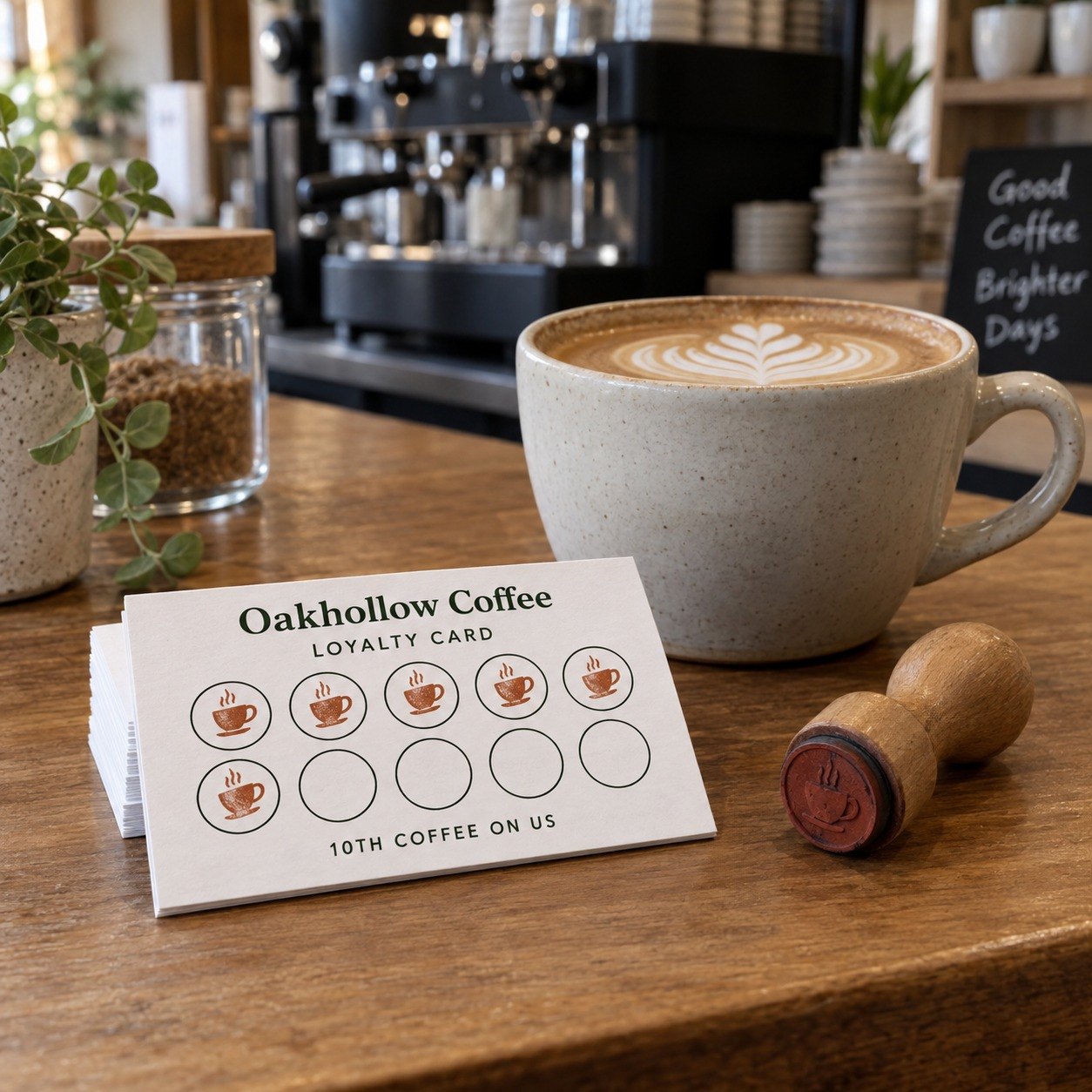 White stamp card stack on a timber cafe counter with terracotta coffee cup stamps, a latte and a wooden rubber stamp