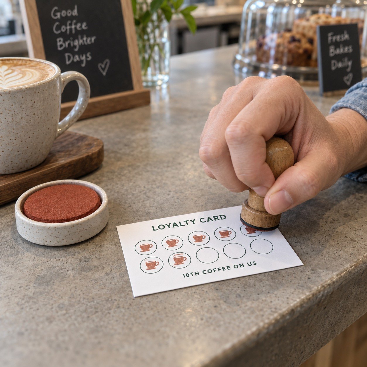 Hand pressing a wooden rubber stamp into the next empty circle on a stamp card on a grey stone counter