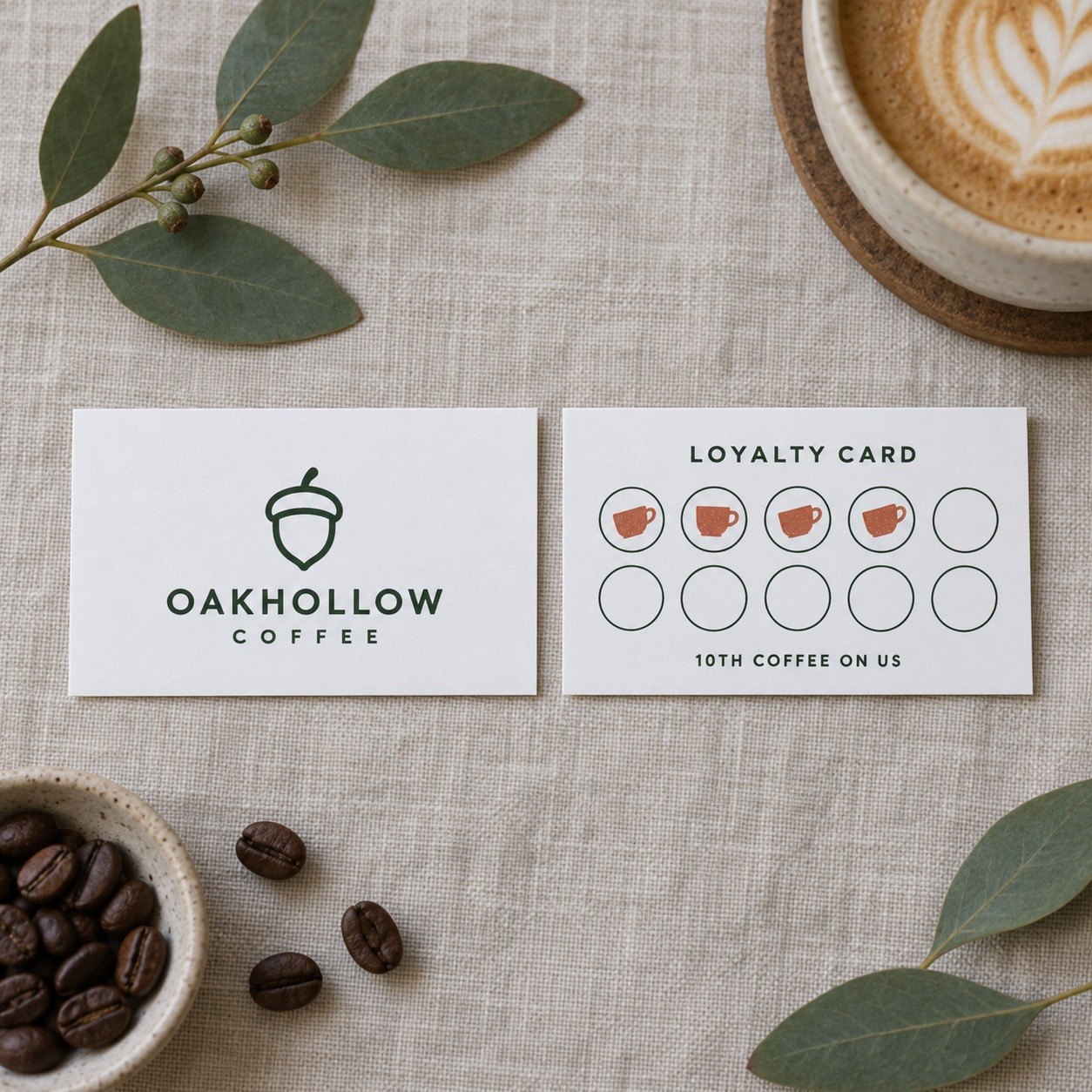 Two loyalty card samples on natural linen, front with dark green acorn logo, back with ten circle grid, four stamped
