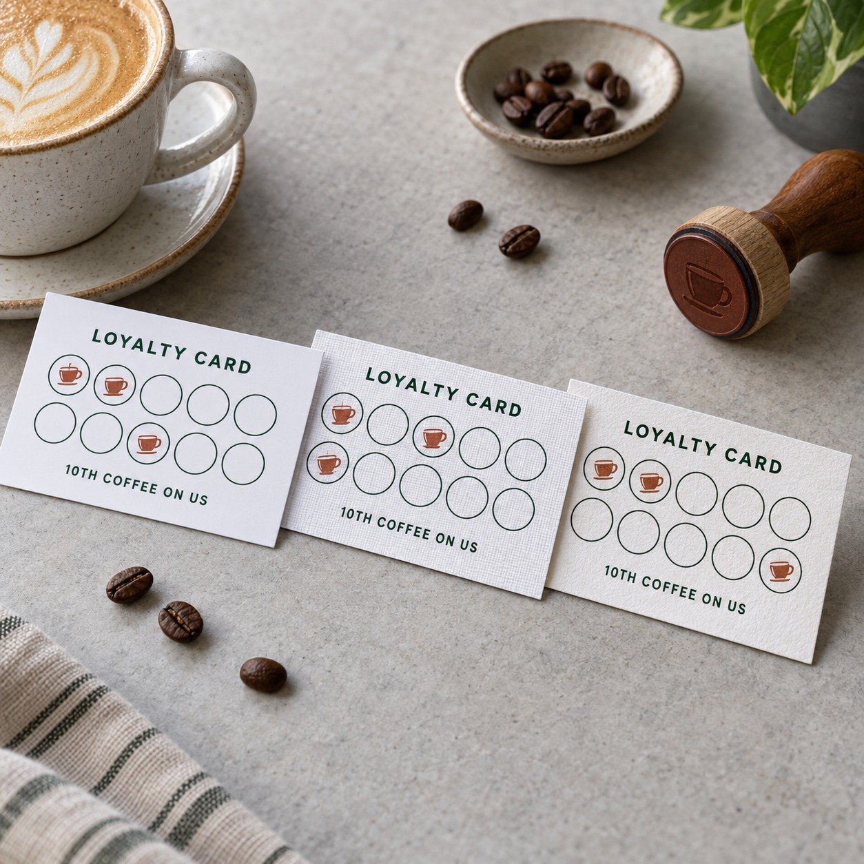 Three loyalty card samples fanned on pale grey stone, on off white cotton, linen textured and smooth matte paper stocks