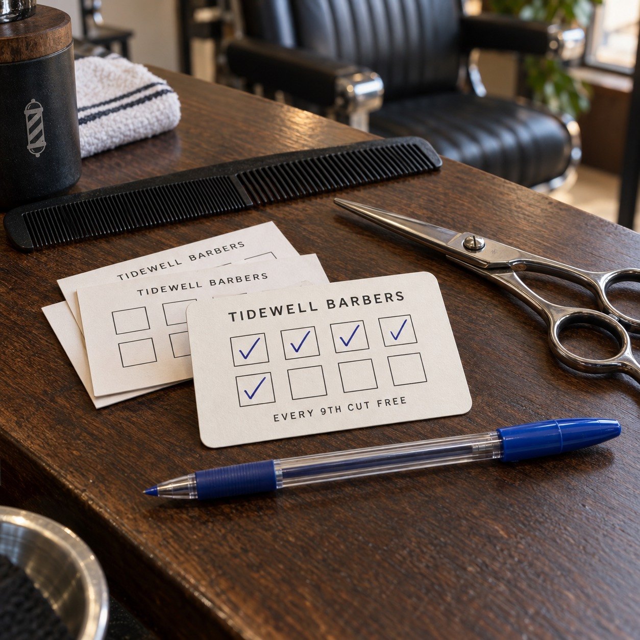 Barber shop loyalty card on a dark timber station with an eight square grid, five ticked in blue ballpoint and a reward line