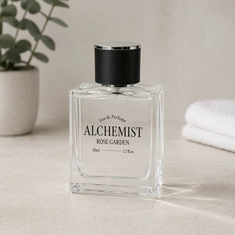 A glass perfume bottle with a black cap and a clear label with black lettering stands on pale stone beside a plant and white towel.