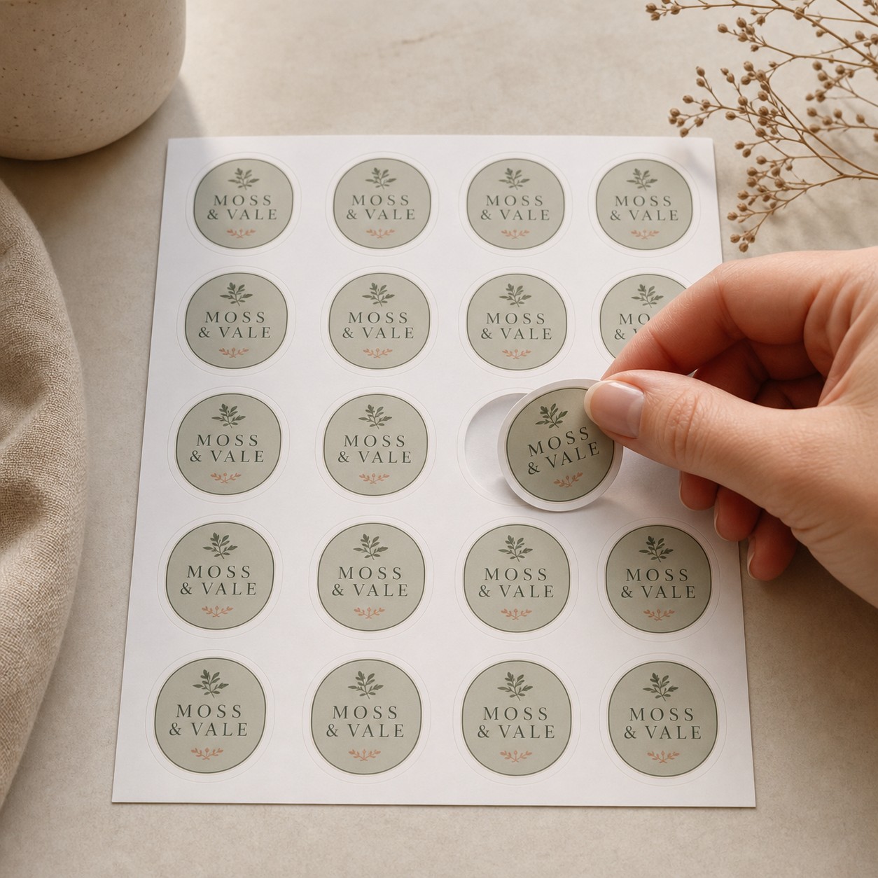 Hand peeling one round sage-green logo sticker away from a sheet of twenty matching round stickers, dried flowers and a ceramic cup behind.