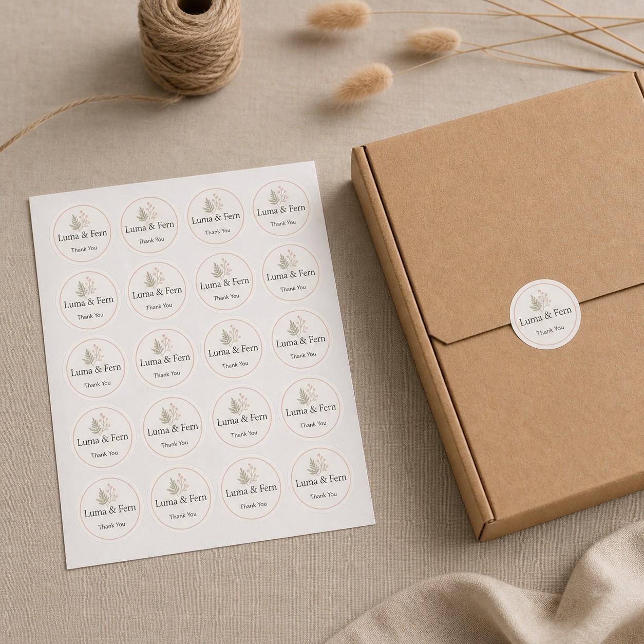Sheet of twenty round thank-you seal stickers on linen beside a kraft mailer closed with a matching seal, twine and dried grass.