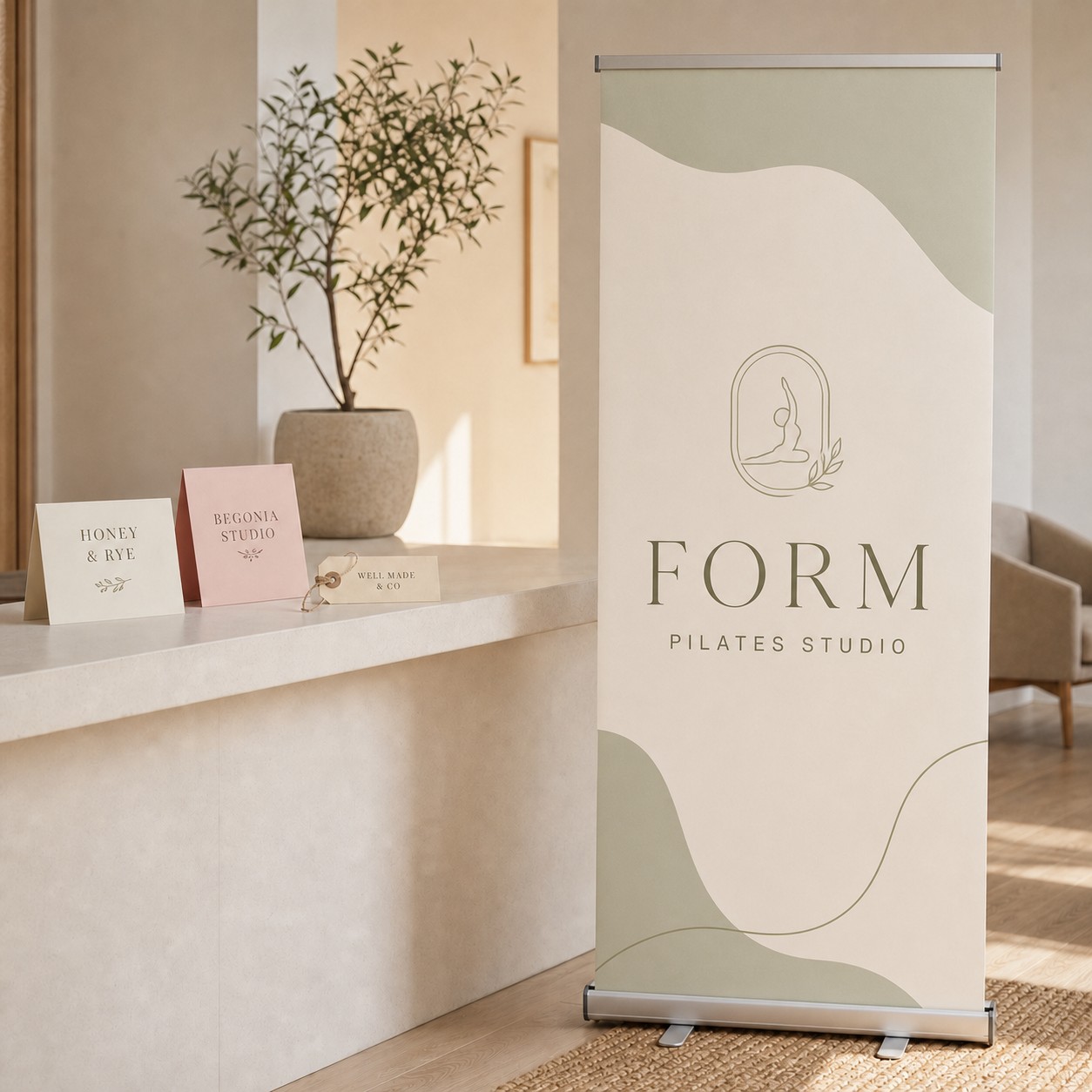 Premium pull up banner in a studio · 850 x 2100 mm · full-colour digital print · silver base