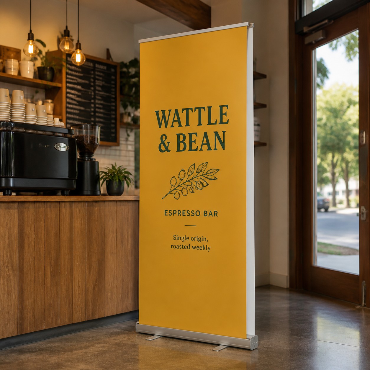 Double sided pull up banner at an espresso bar · 850 x 2100 mm · full-colour digital print · one face shown