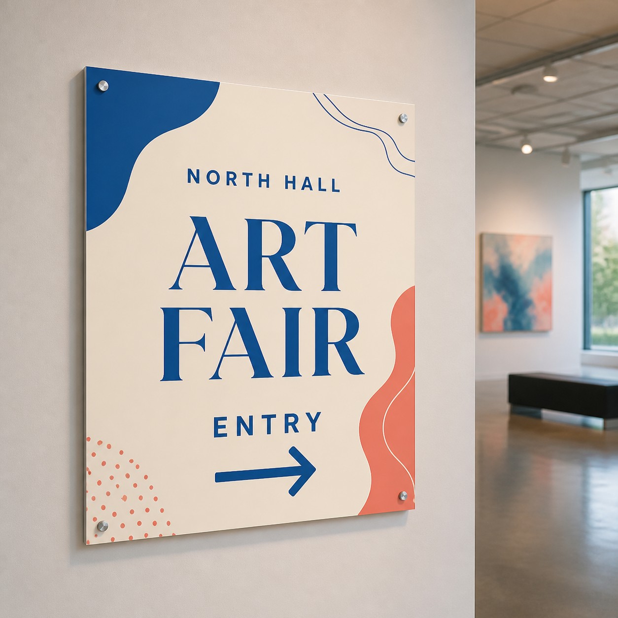 PVC sign mounted flat on a wall with blue, coral red and cream print, standoff screws at corners, white walls, a bench and a window