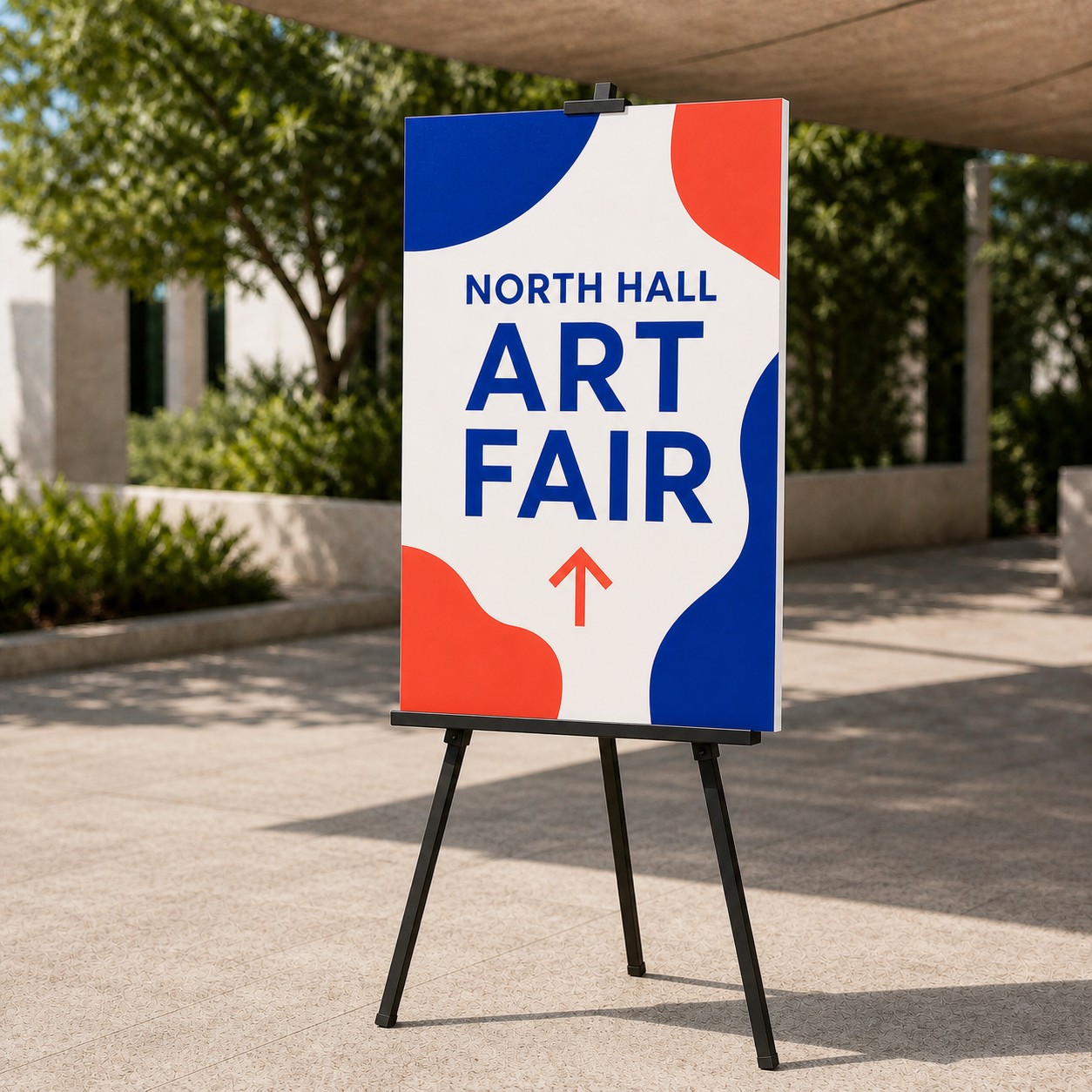 PVC sign portrait format on a tripod easel outdoors with blue, coral red and cream print, trees, planting and a building behind