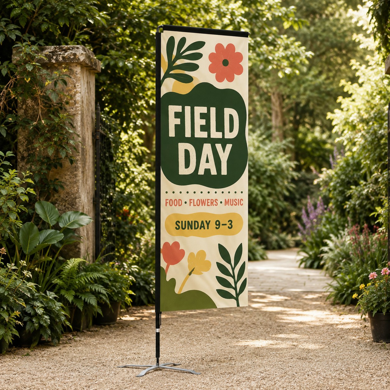 Rectangle banner flag in portrait with cream, dark green, coral, orange and yellow print on black pole with cross base in botanical garden.