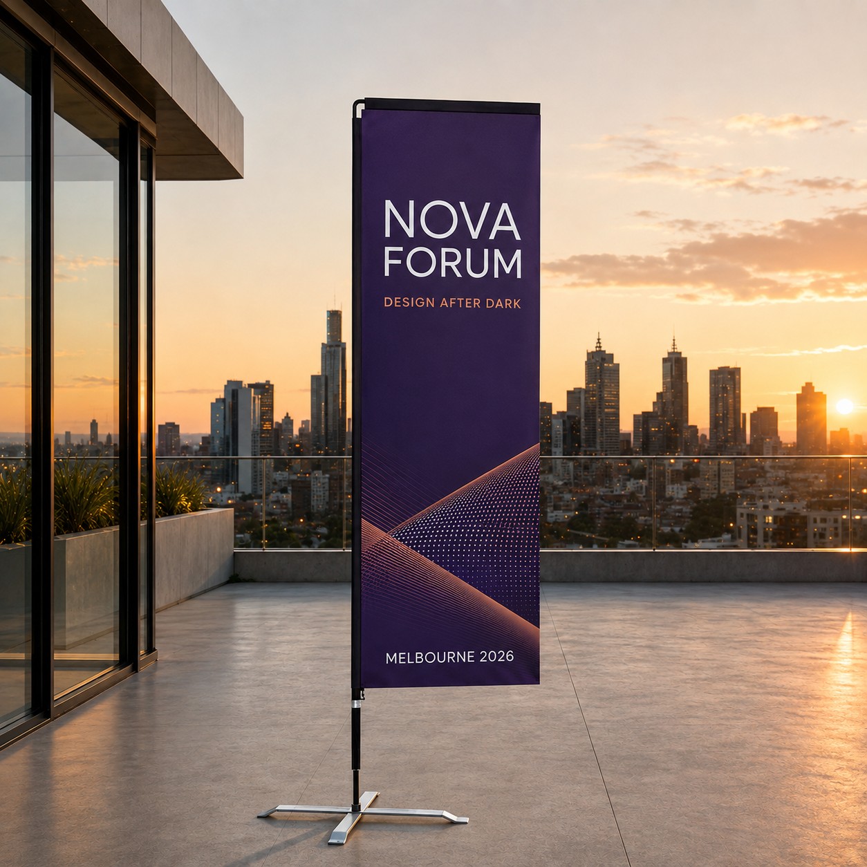Rectangle banner flag with deep purple print on a black pole with metal cross base, rooftop terrace at sunset with city skyline behind
