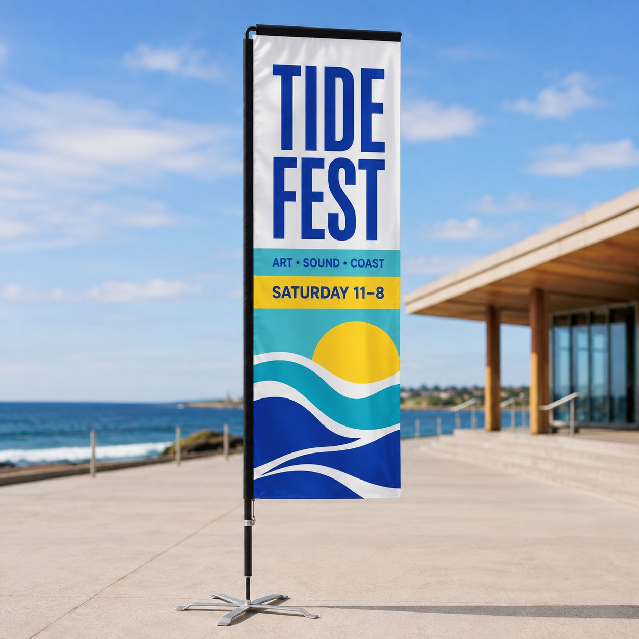 Rectangle banner flag with blue, turquoise, yellow and navy print on white, on black pole with cross base at a coastal setting with railing.