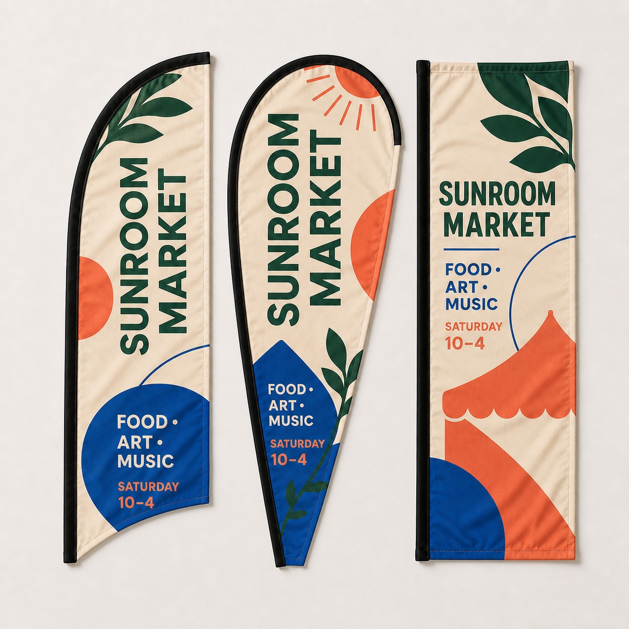 Replacement flag three teardrop skins in cream, forest green, blue and coral geometric prints on flexible poles on plain white background