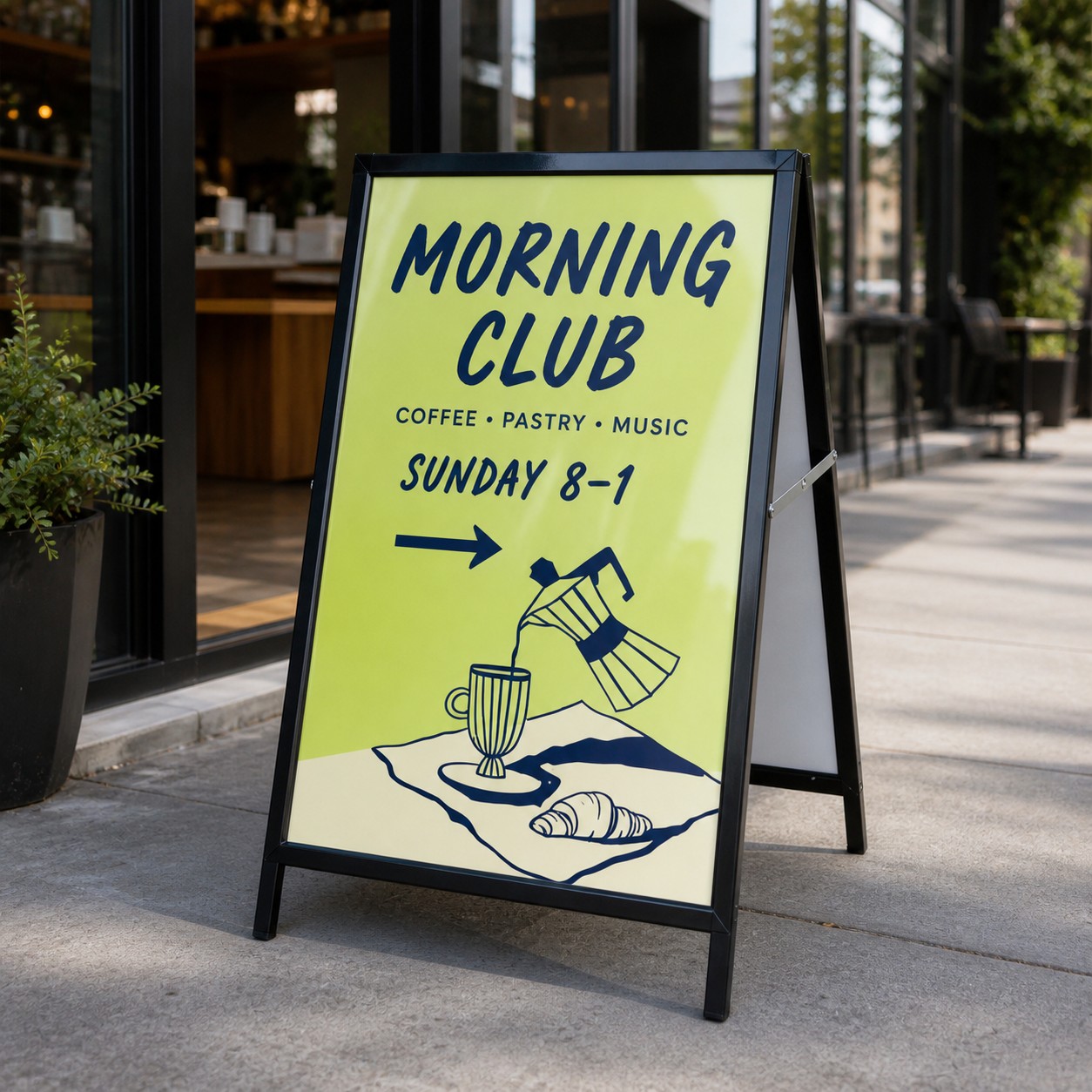 A-frame sign at cafe entrance with potted plants, portrait poster behind clear cover and yellow, navy and cream print on a black frame