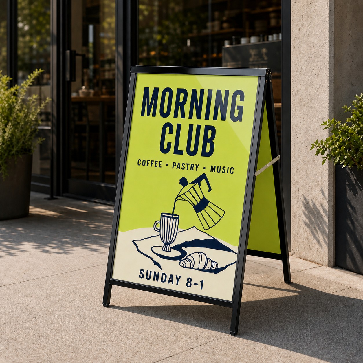A-frame sign with clear cover poster, yellow navy cream print, black frame with snap open edges, on footpath at retail entrance with plants