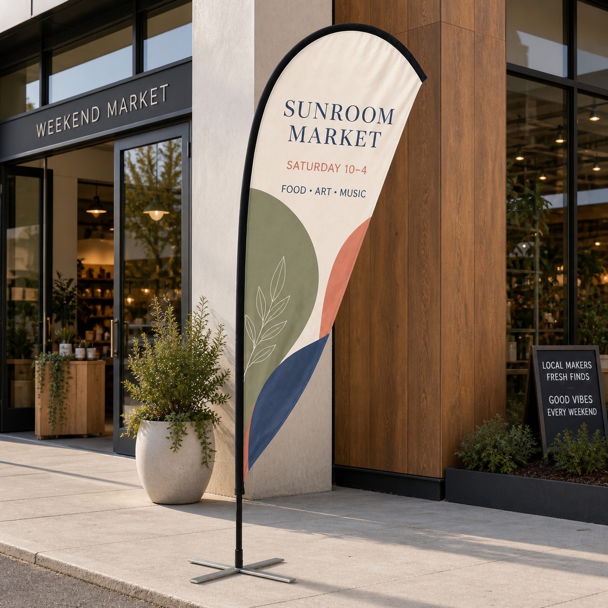 Teardrop banner with white teal orange and navy print on a black pole with cross base outside a shopfront on paving with glass doors.