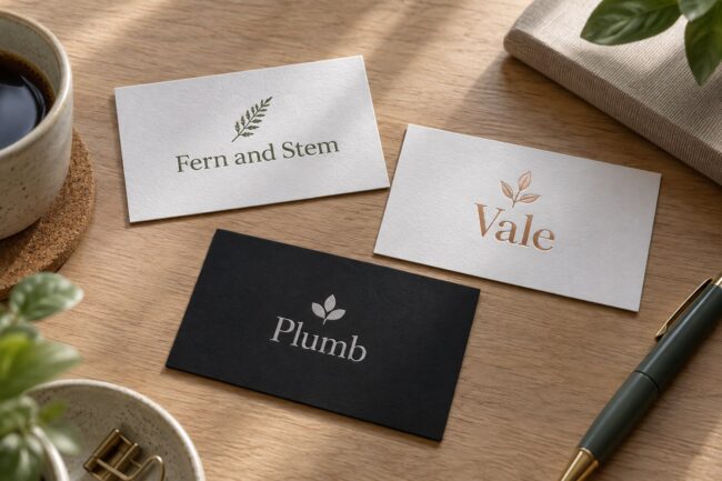 Three cards on a pale timber table: white with sage fern, white with rose gold foil, and black with silver foil, beside a green pen and leaves.