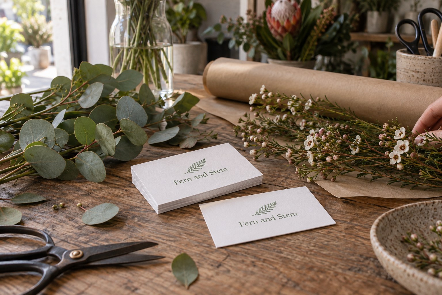 A florist workbench with eucalyptus, white waxflower, brown paper and scissors, with stacked white cards showing a fern motif in sage green.