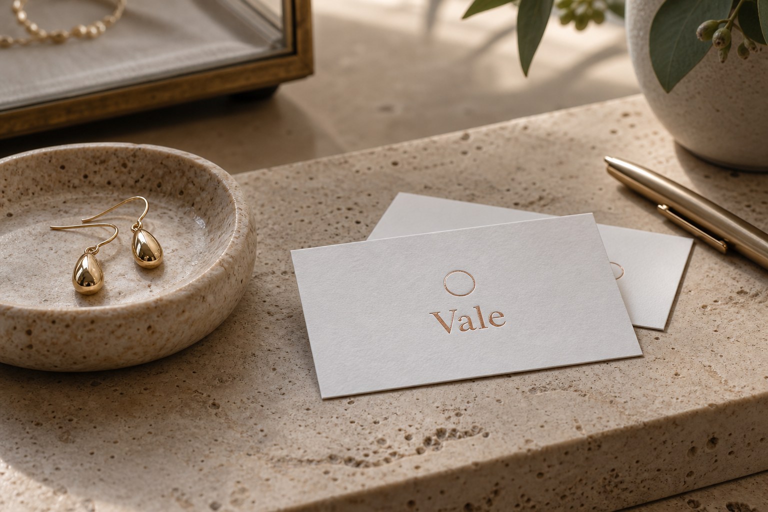 Gold teardrop earrings in a stone dish beside white business cards with a small circle and rose gold foil text on a travertine counter.