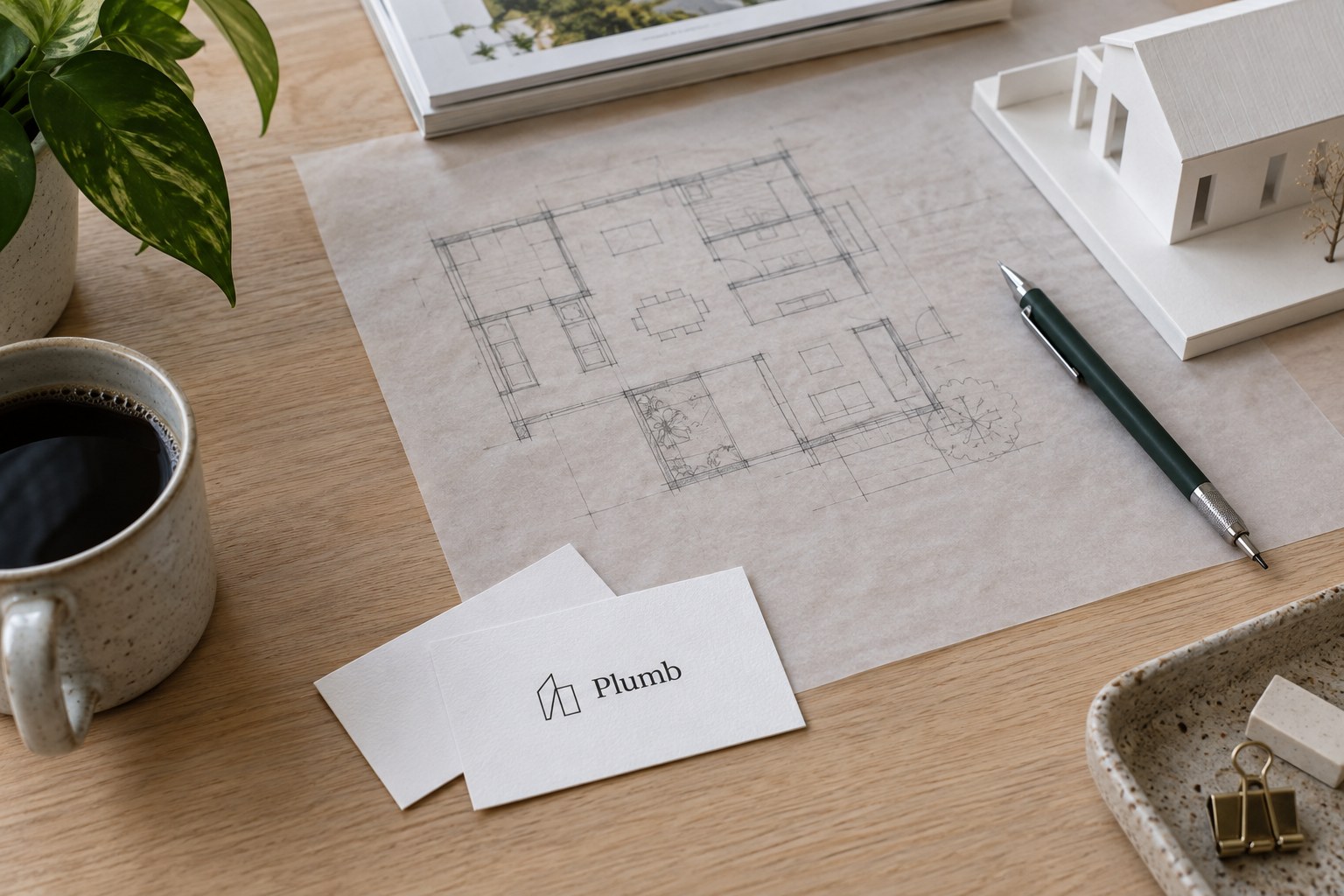 An oak desk with a floor plan sketch, green mechanical pencil, white paper house model and white business cards with a line drawing in black.