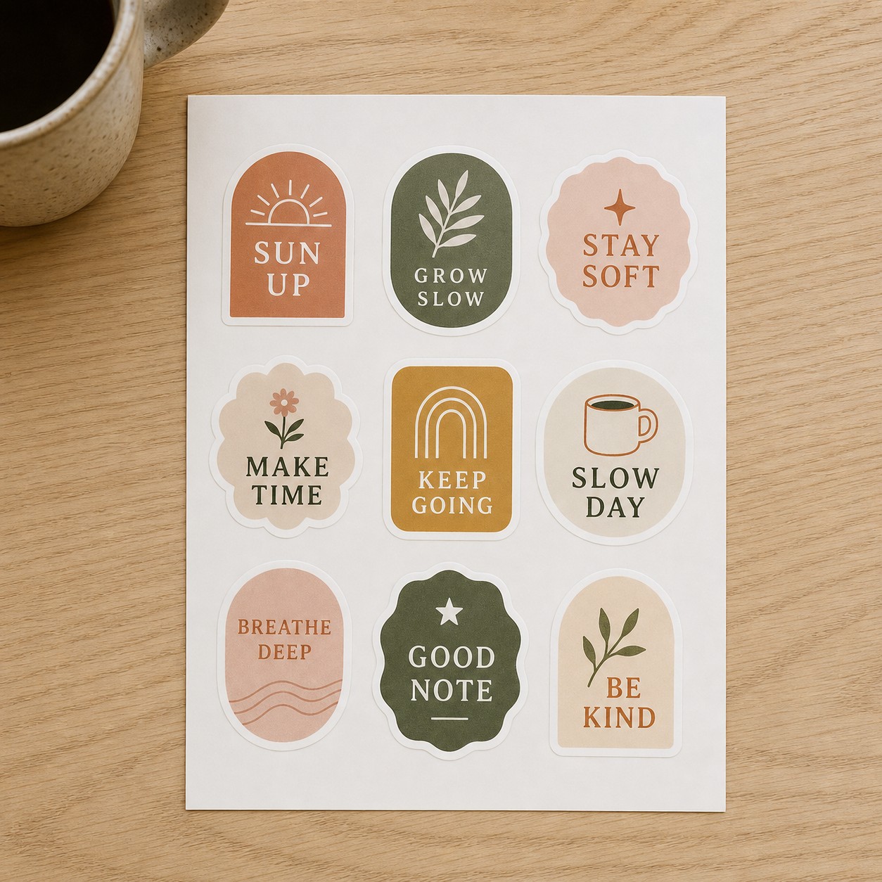 A white sticker sheet on a light oak table with a black coffee mug shows nine stickers in earthy tones, each with white borders and short phrases.