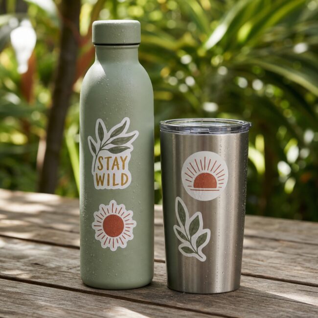 A sage green water bottle with two white-bordered stickers and a stainless steel tumbler sit on a weathered wooden table with blurred tropical garden behind.