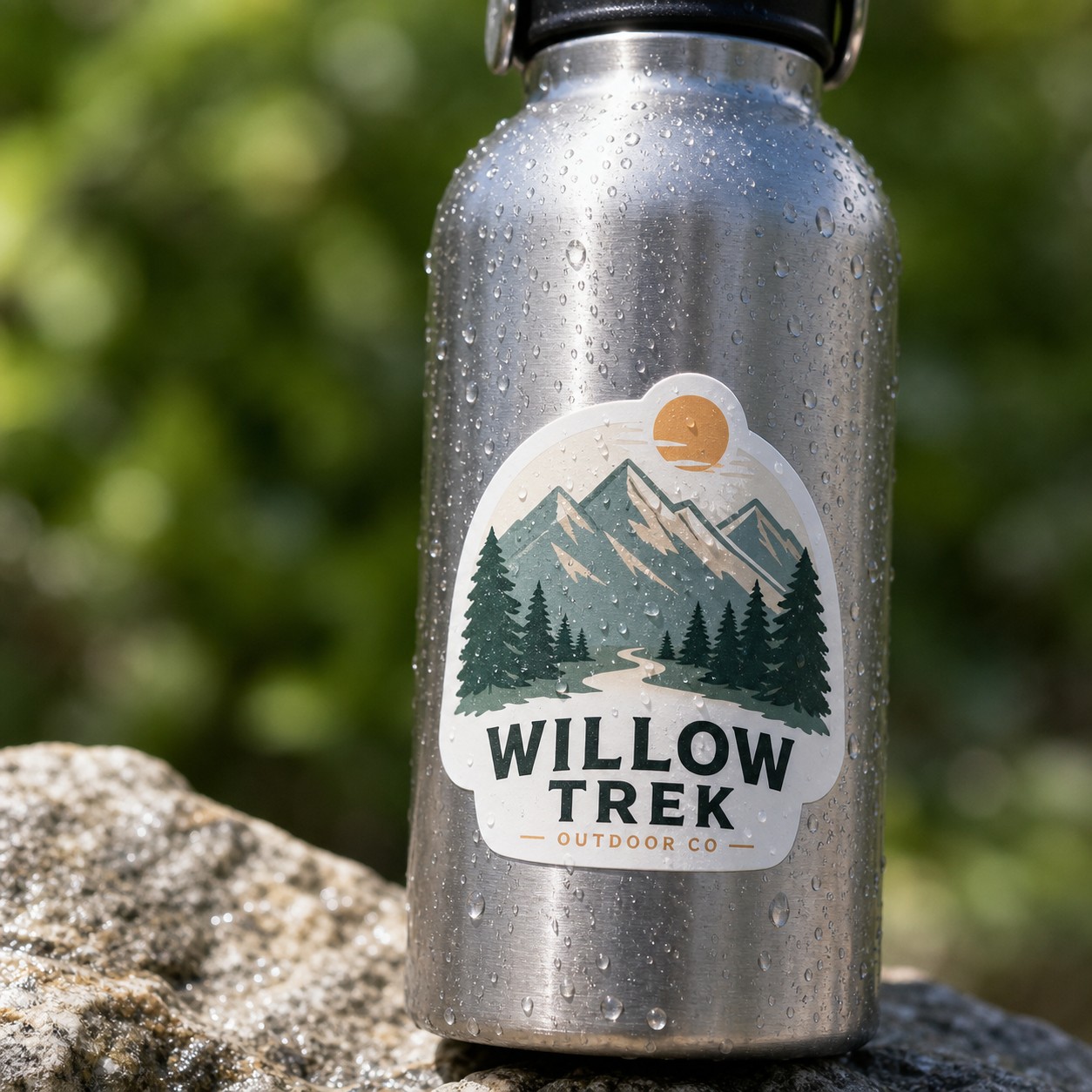 Brushed stainless steel water bottle with a mountain and pine badge sticker · White Matte Vinyl · No Laminate · vinyl face is waterproof
