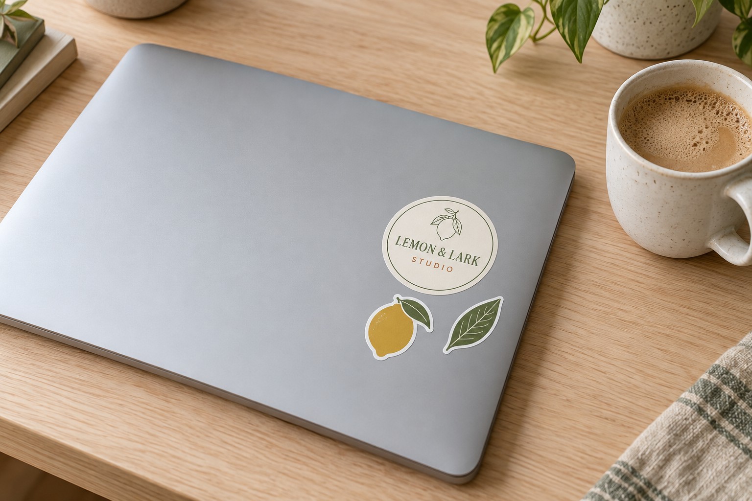 Illustration of a round vinyl sticker and two small lemon and leaf-shaped stickers on a closed silver laptop on a wooden desk beside a coffee cup