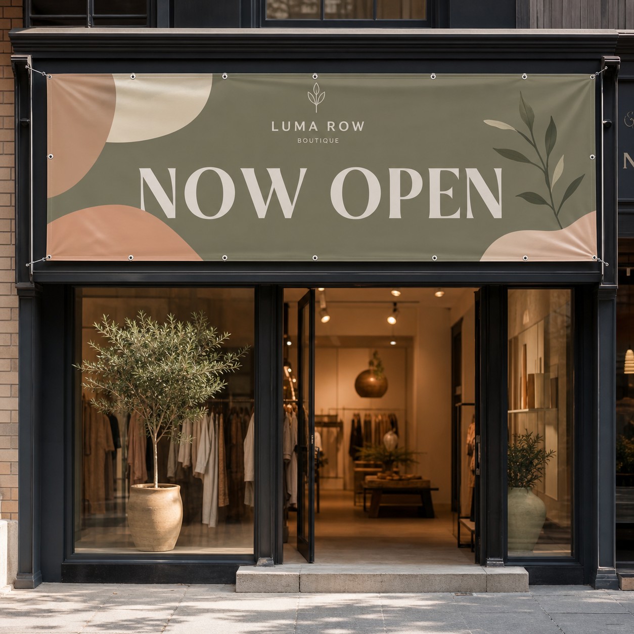 Wide printed vinyl banner across a boutique shopfront, with sage green artwork, peach and cream shapes and round eyelets along its edges.