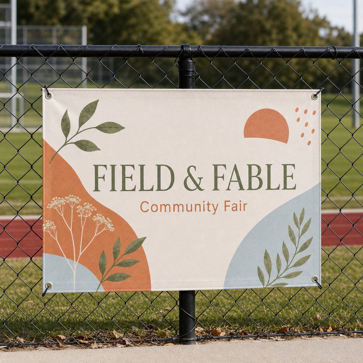 Printed vinyl banner on a black chain link fence beside a sports field, with cream, orange and pale blue artwork and eyelets at each corner.