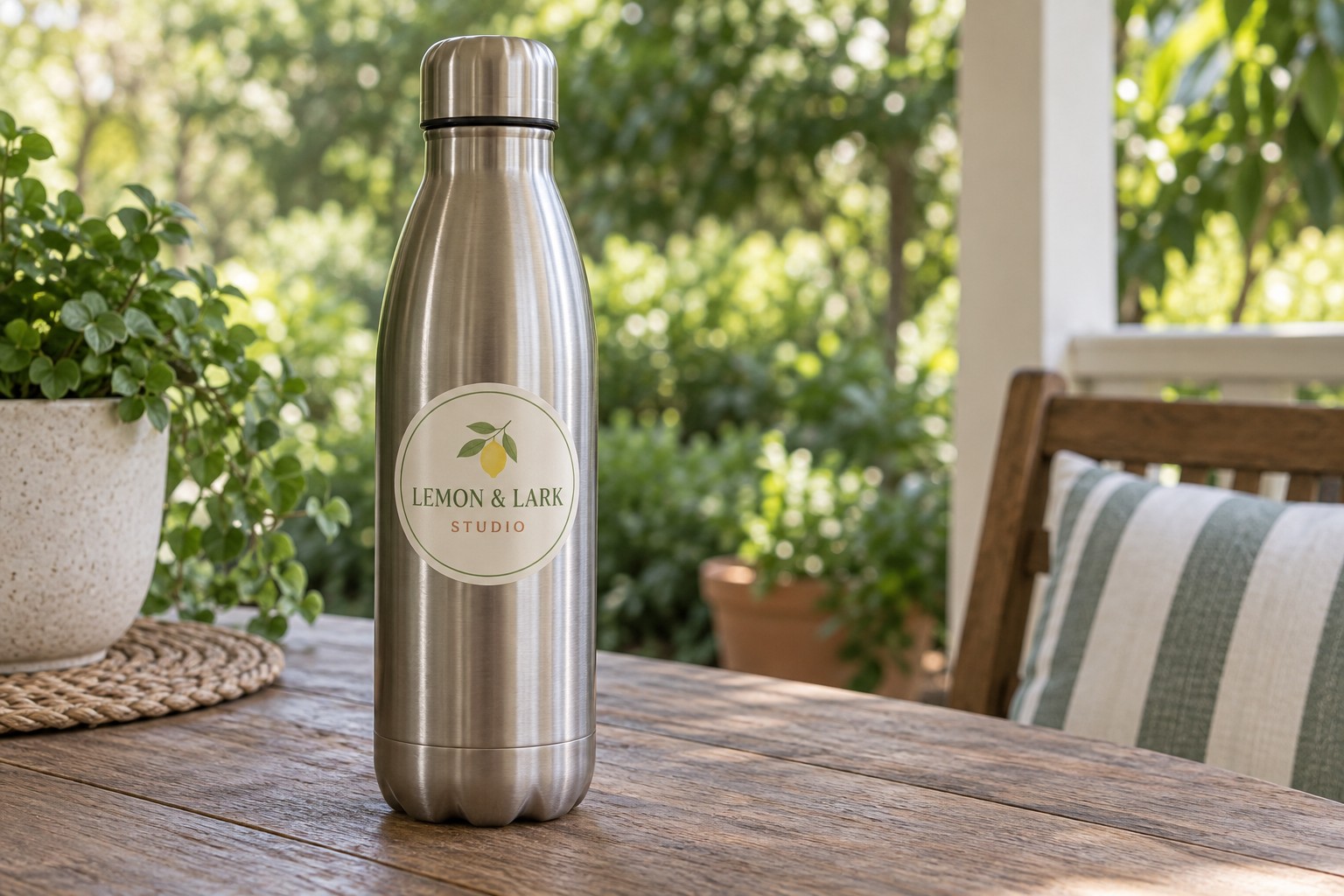 Illustration of a round vinyl sticker on the straight wall of a stainless steel drink bottle standing on an outdoor wooden table