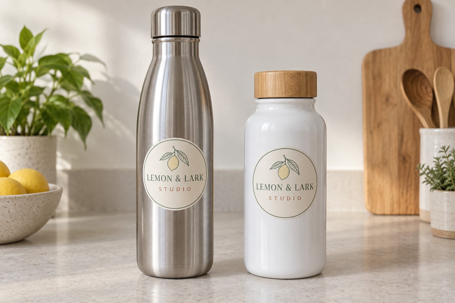 Illustration of the same round vinyl sticker on a stainless steel bottle and on a white bottle with a bamboo lid, side by side on a kitchen bench