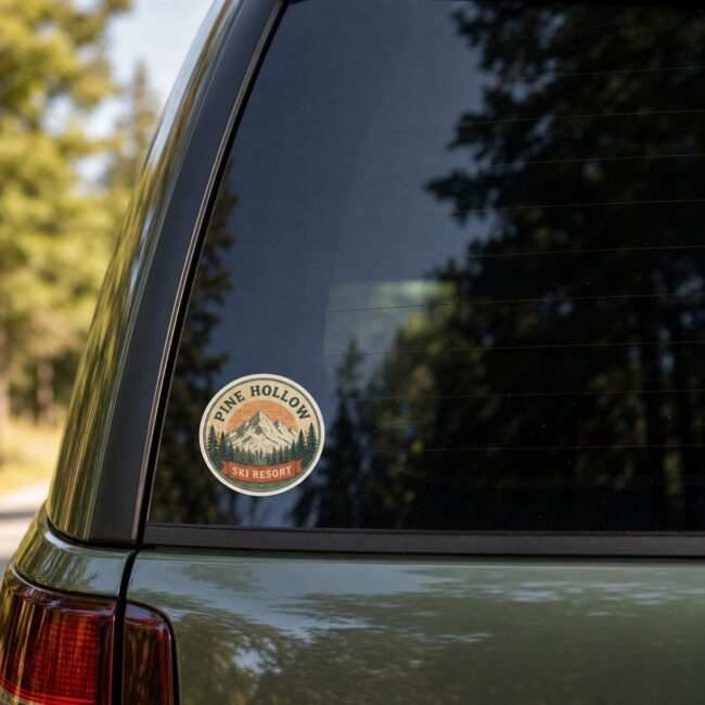 Die-cut vinyl sticker on a car window · white matte vinyl · full-colour digital print · no laminate