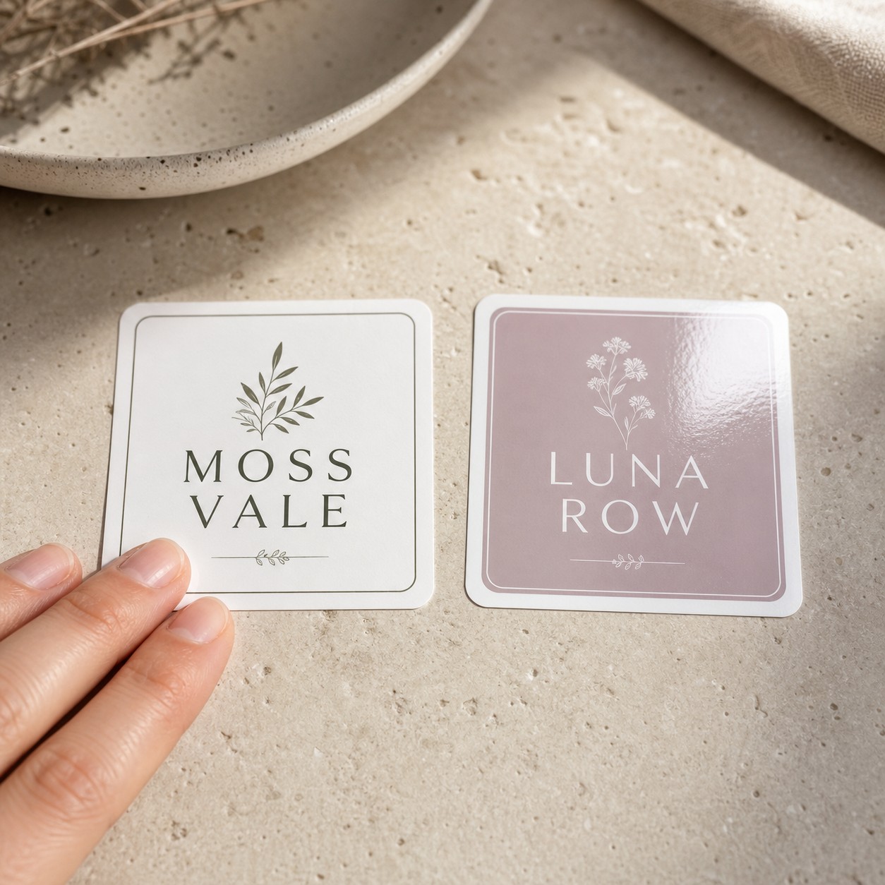 Matte and gloss vinyl sticker finishes side by side · white matte vinyl is the priced option · full-colour digital print