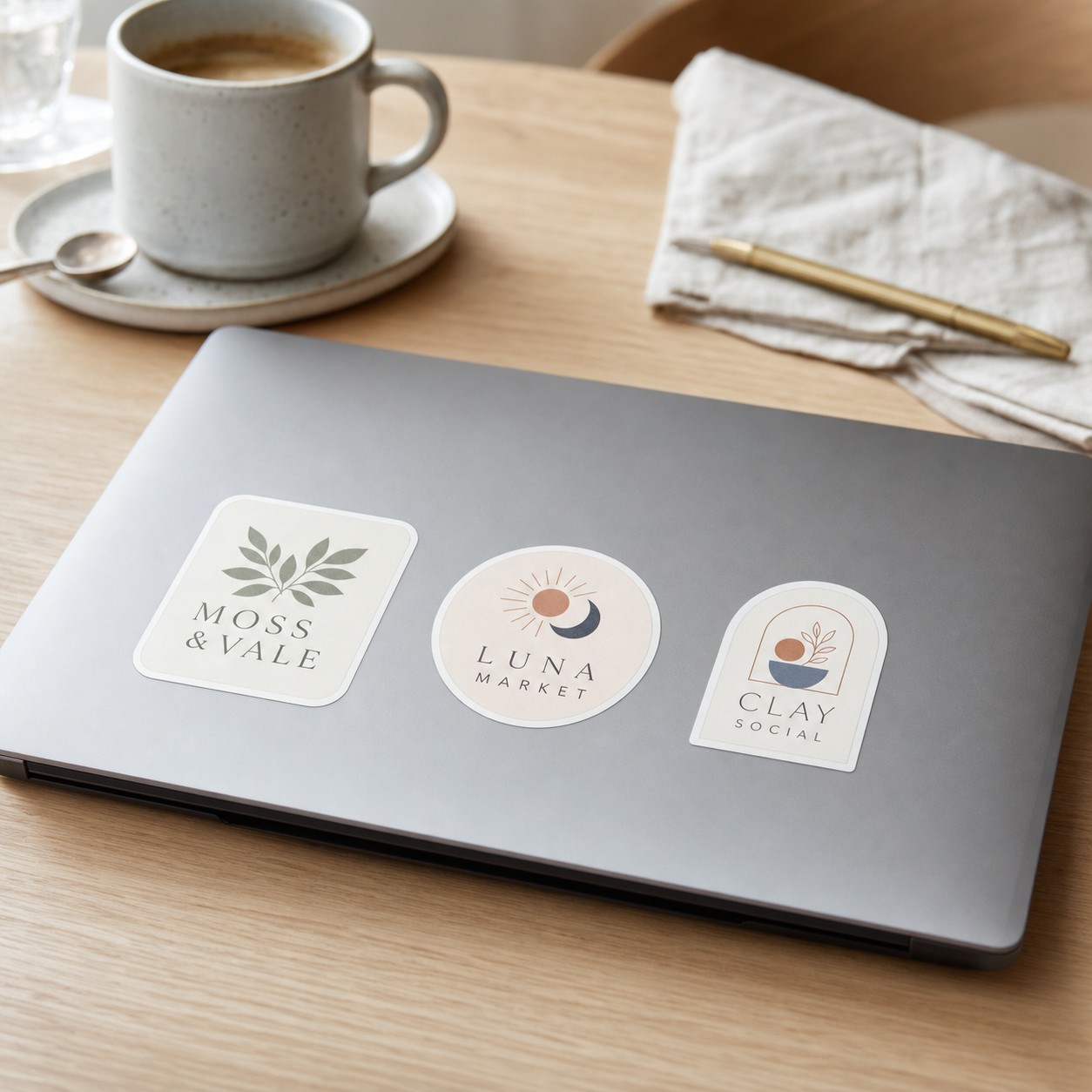 Vinyl sticker decals on a laptop lid · white matte vinyl · full-colour digital print · no laminate