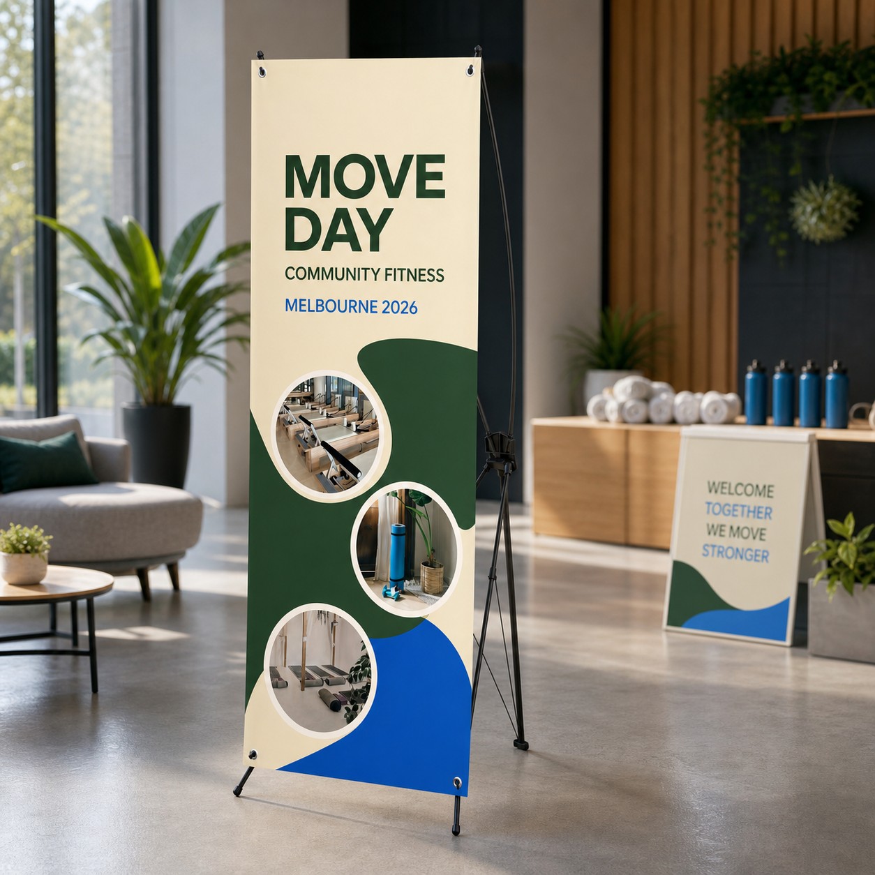 X banner stand with cream, dark green and blue print, black X frame in a modern foyer with plants, seating, windows and timber ceiling