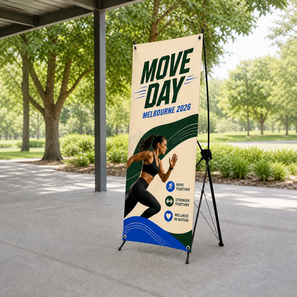 X banner stand with cream, dark green and blue print, black X frame, corner grommets and feet, in a park as a runner passes trees and paving