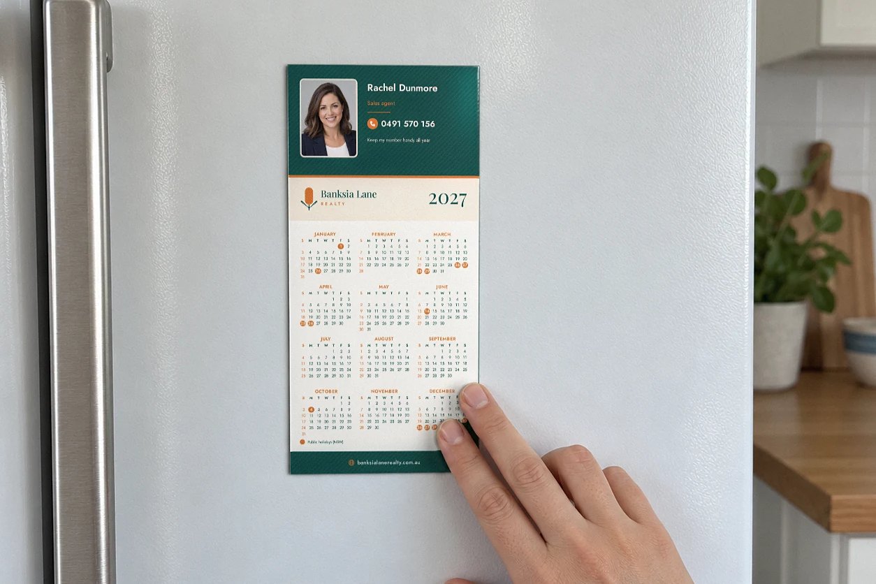 2027 DL fridge magnet calendar in Real estate agent layout on a white fridge, hand pressing it flat, orange holiday dots