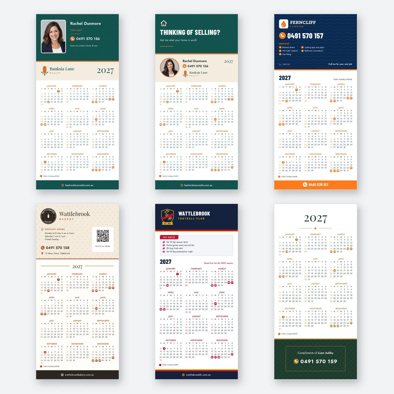 All six DL fridge magnet calendar layouts side by side at true proportion