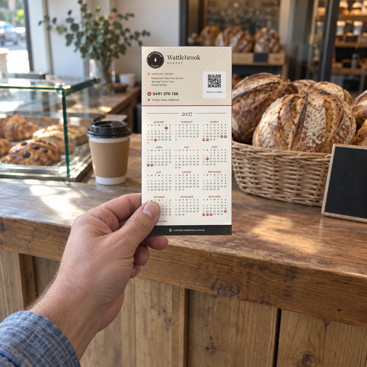Hand holds a 2027 calendar in Local business layout at timber bakery counter, QR code with Scan for our website, bread behind