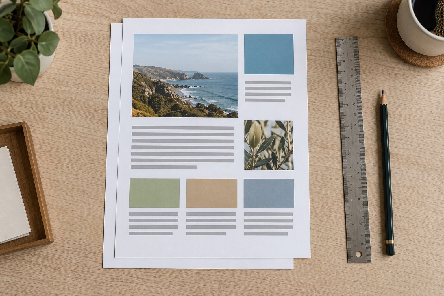 Two sheets of paper on an oak desk with a steel ruler, pencil, photo layouts, color blocks, and gray lines