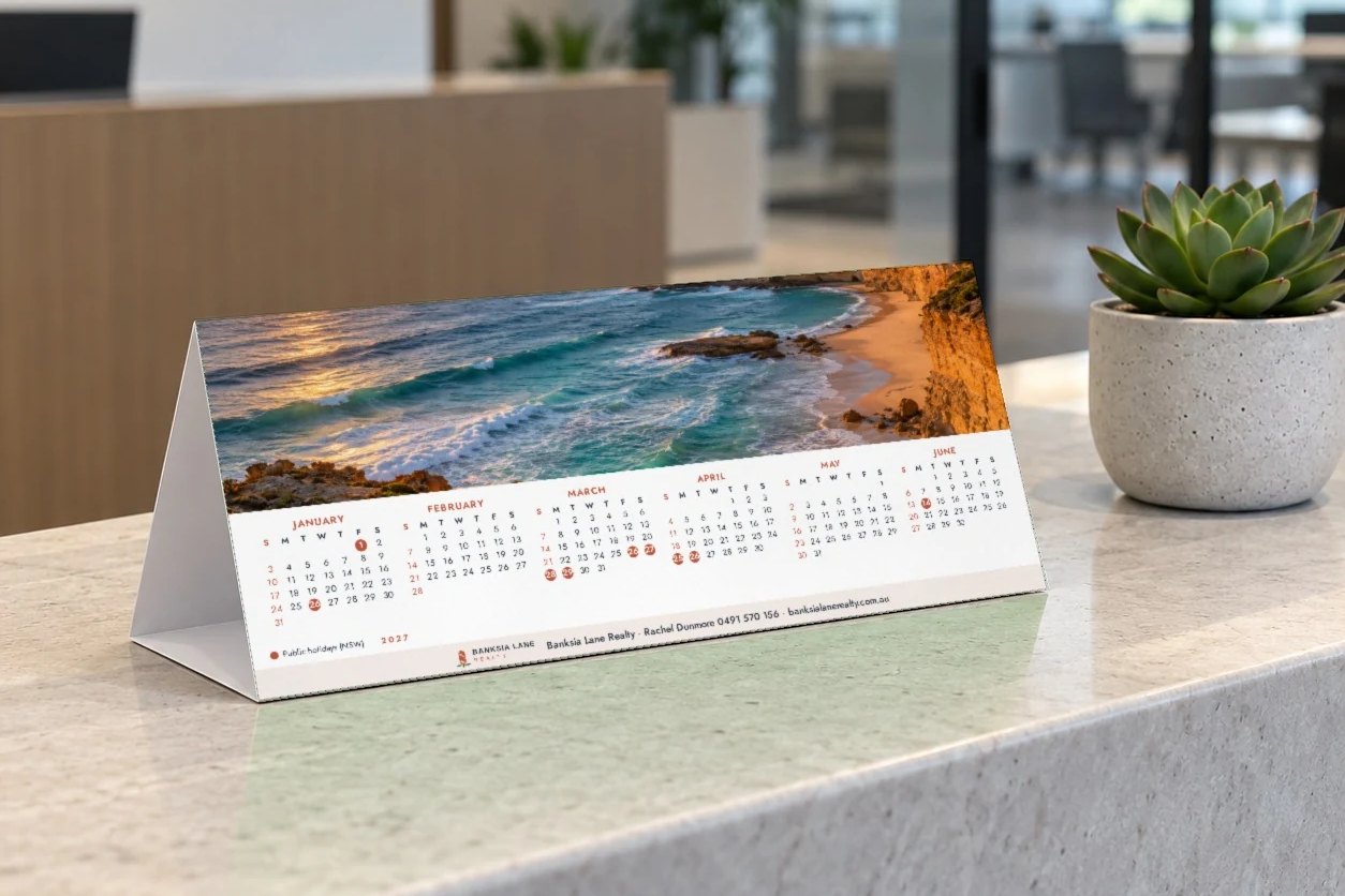 Closed A4 2027 tent desk calendar with coastal photo above first six months on stone counter beside succulent