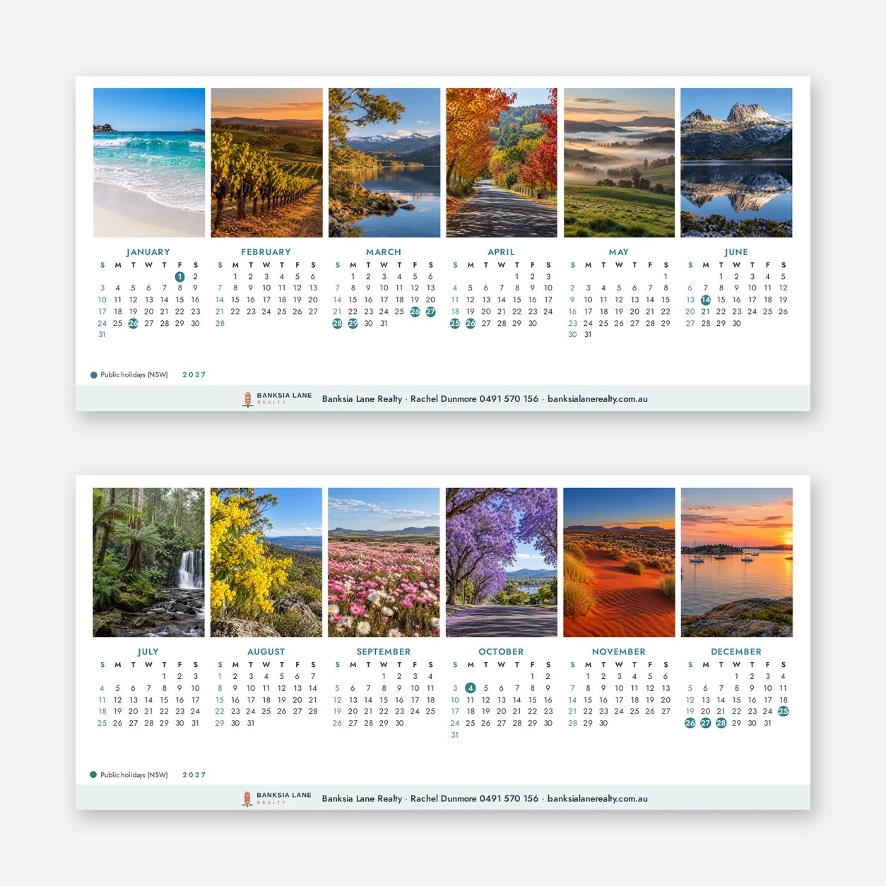Two sides of a 2027 tent desk calendar on pale ground, photos above six month grids, logo and details strip at each foot