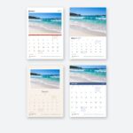 Four A4 2027 wall calendar January pages in Classic, Full bleed, Framed and Planner on pale grey ground, same beach photo