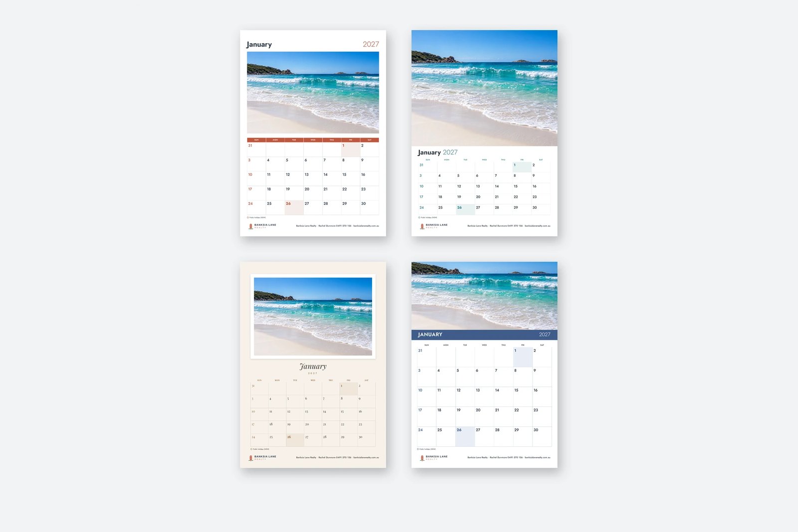 Four A4 2027 wall calendar January pages in Classic, Full bleed, Framed and Planner on pale grey ground, same beach photo