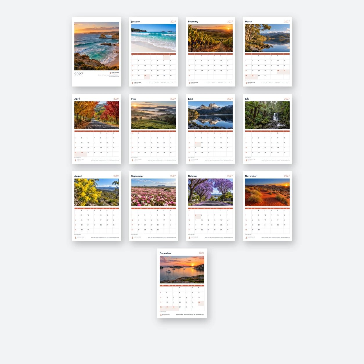 Thirteen A4 2027 wall calendar pages laid on pale grey ground, each with Australian landscape photo above grid
