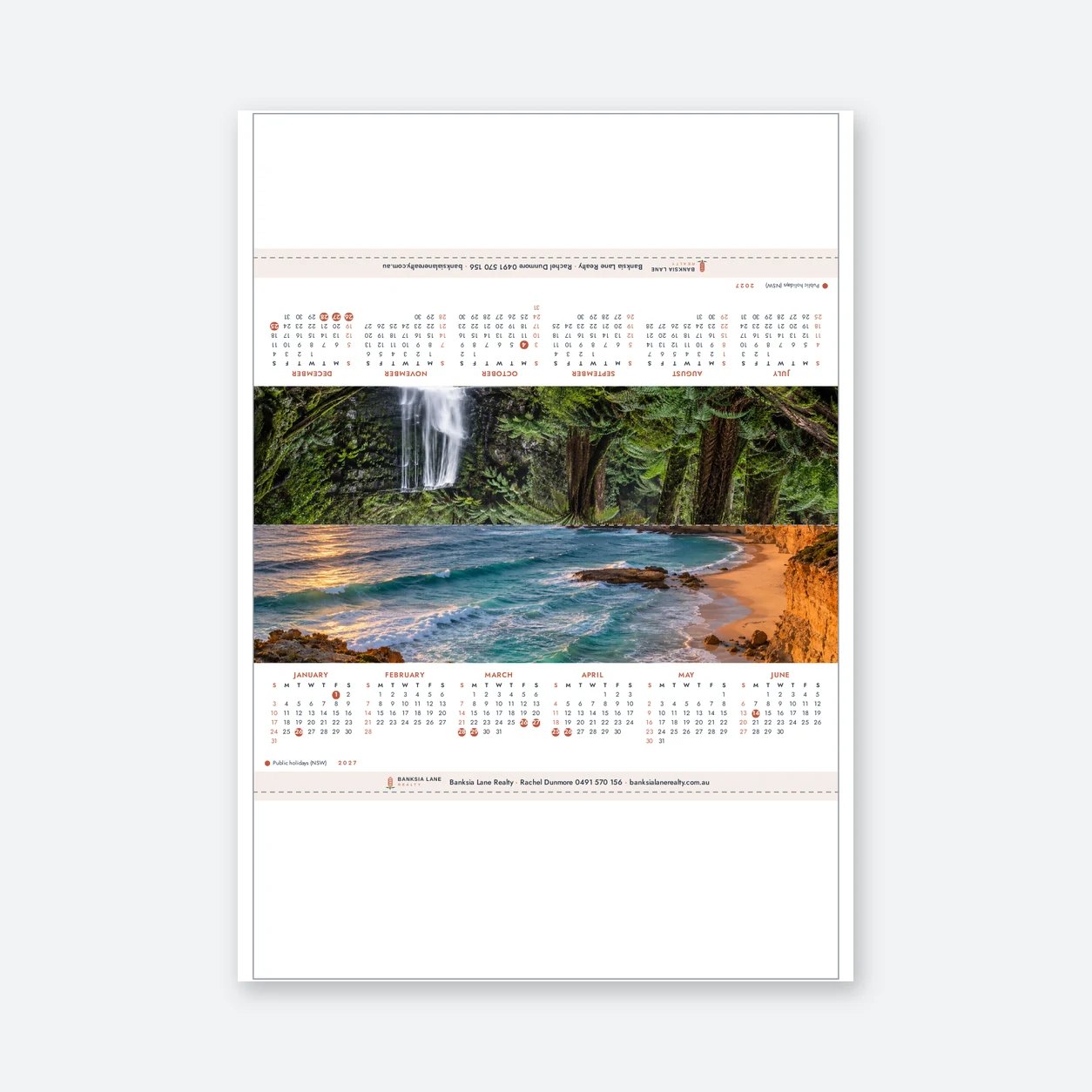 Flat printed A4 2027 tent desk calendar sheet before folding, two faces with photos, one upside down, on pale grey ground