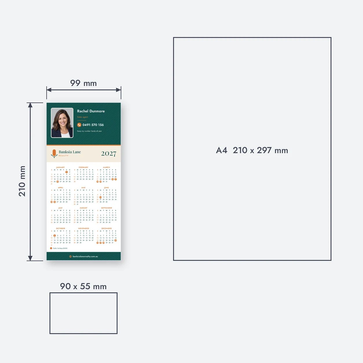 Size guide on pale grey ground with DL fridge magnet calendar marked 99 mm by 210 mm beside A4 and business card outlines